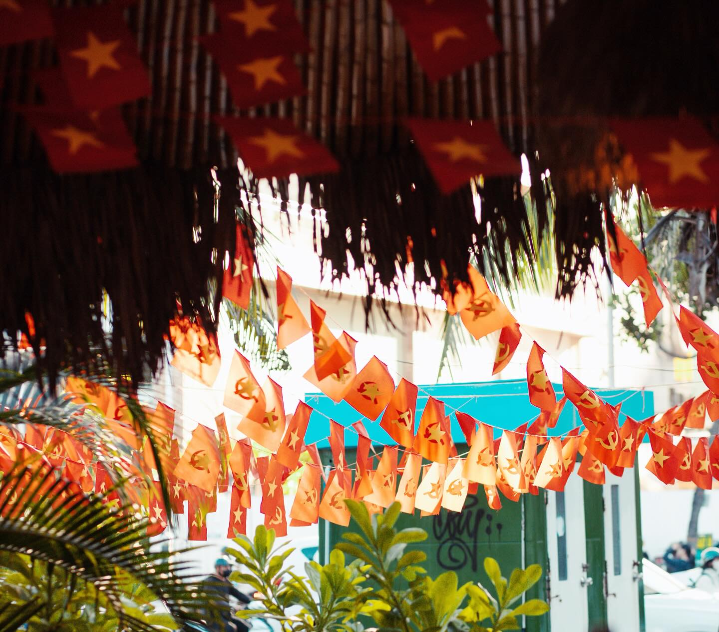 Vietnamese flag bunting strung under Maia's palm-thatch roof