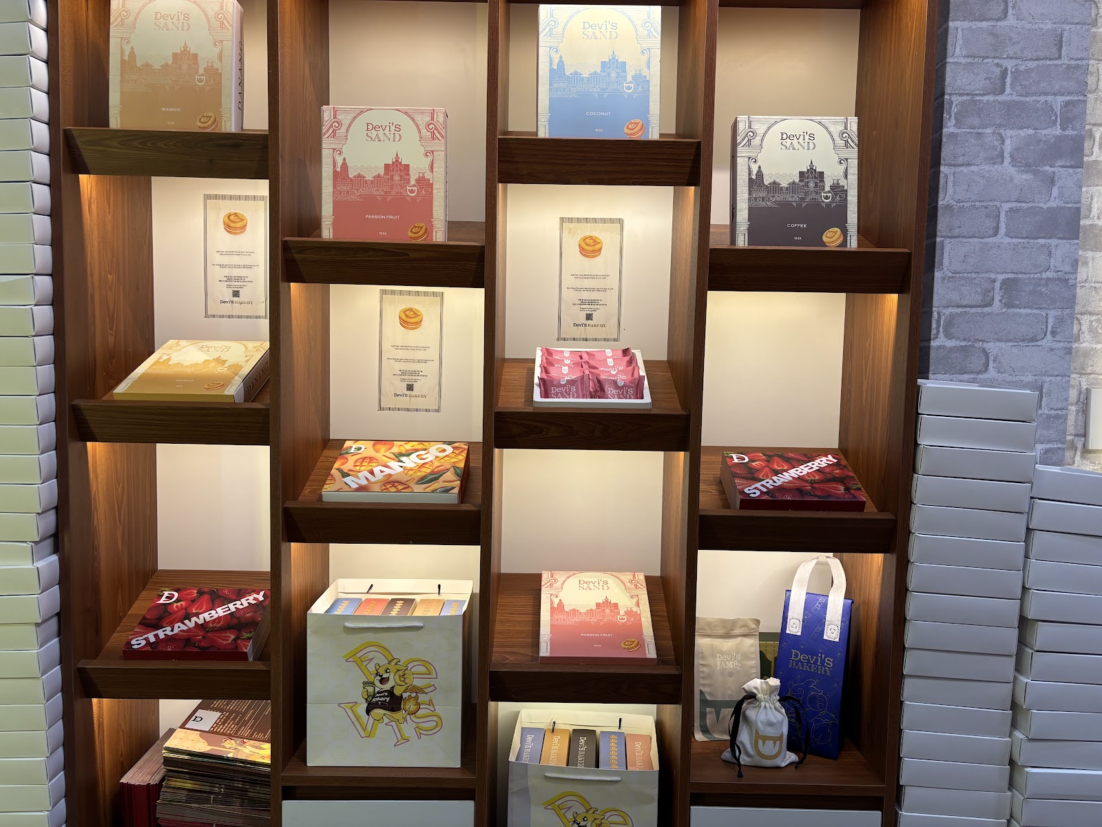 Gift-box display shelves at Devis Bakery
